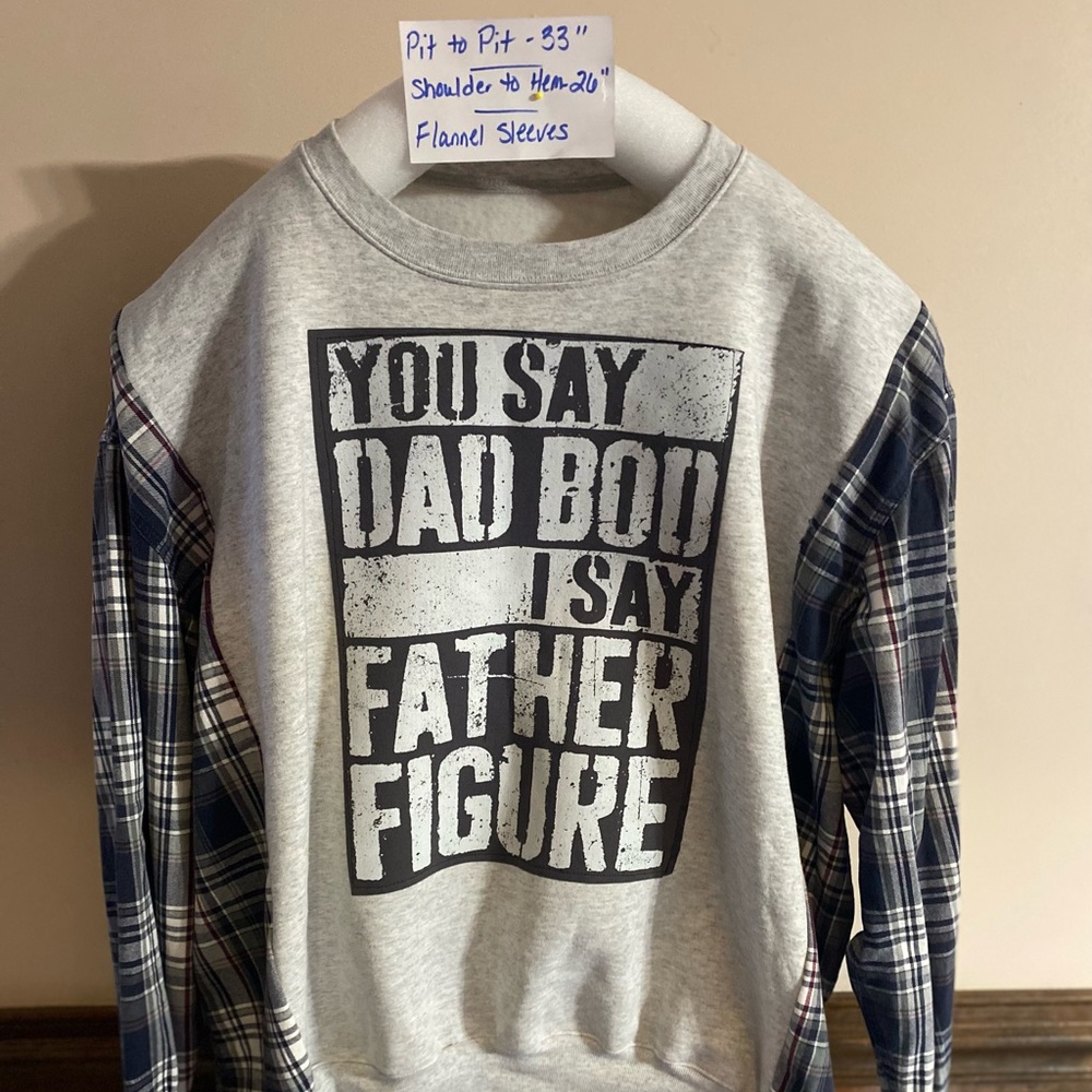 Gray Dad Bod/Father Figure Sweatshirt size XL with Plaid Sleeves